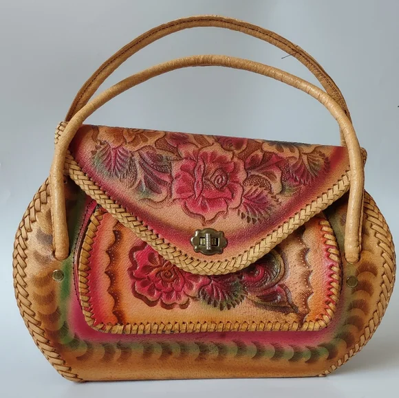 Vintage leather tooled hand made Mexican floral hand bag - Picture 2 of 10